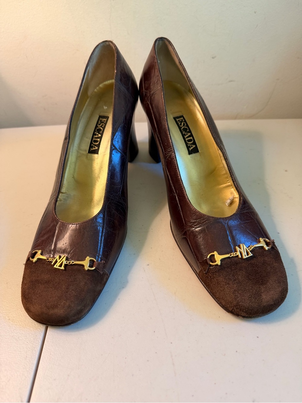 Escada Chocolate Brown Leather Mid-Heel Pumps with Gold Accent